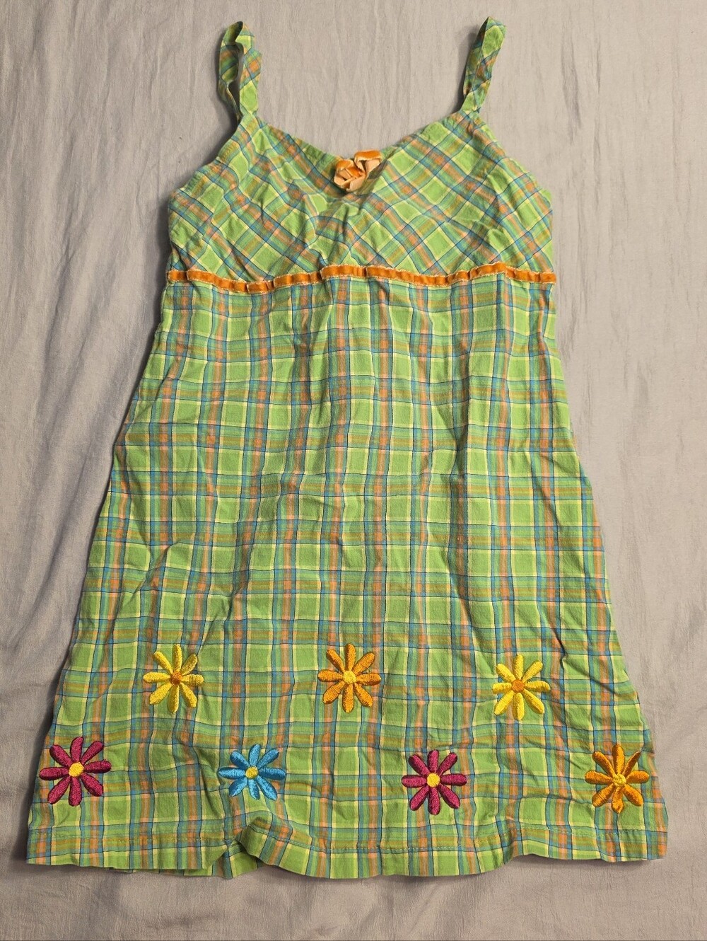 Girls Green Plaid Embroidered Sundress